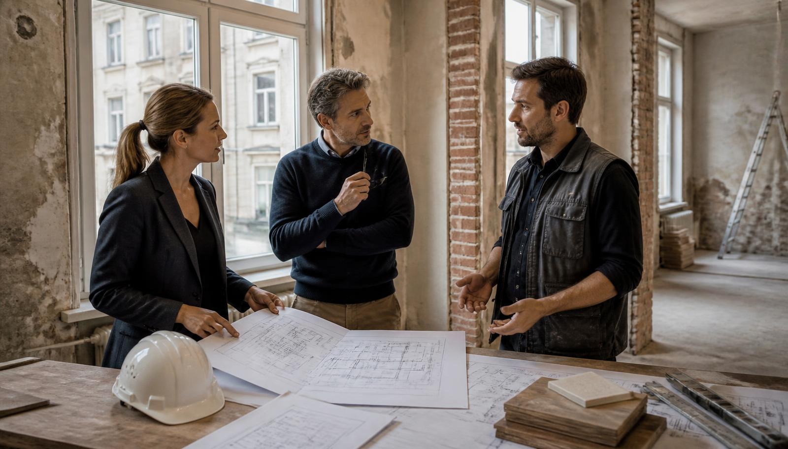 Beraterin, Architekt und Handwerker besprechen gemeinsam eine Sanierung